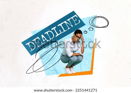 Creative collage illustration of unsatisfied tired person bad mood miss deadline isolated on painted background