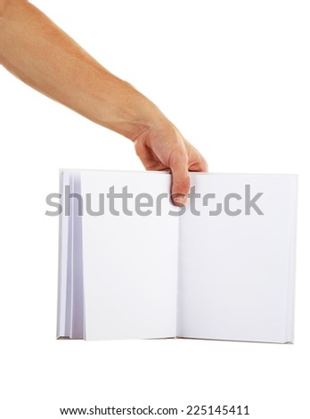 Man hand hold white book isolated on white