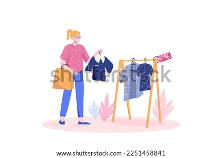 Concept Shopping with people scene in flat cartoon design. Girl in a clothing store chooses blouse with discount that will fit her.