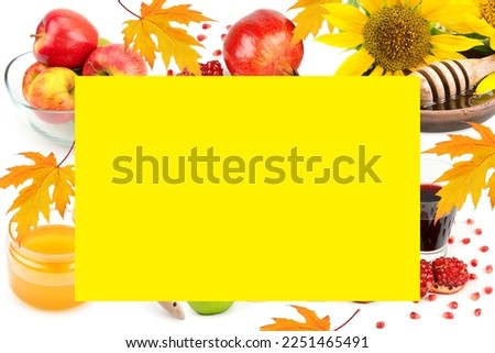 Honey, apples and pomegranate seeds isolated on white background. Greeting card for rosh hashanah. Free space for text.
