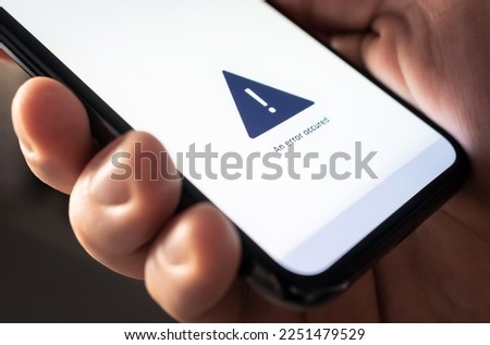 Error in phone. No signal or online connection, slow internet alert. Smartphone broken or problem with mobile app. Missing wifi or bad coverage. Virus, ransomware or malware in cellphone. Fail message Royalty-Free Stock Photo #2251479529
