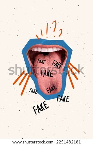 Creative funny weird 3d collage of human mouth tongue spreading fake news shouting loud disinformation