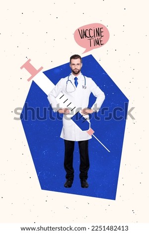 Vertical collage picture of mini doctor guy hold huge syringe say tell vaccine time isolated on creative background