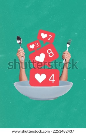 Vertical creative photo collage illustration of hands hold spoon pork eat social media like icons isolated on turquoise color background