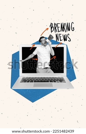 Vertical creative photo collage of man screaming breaking news in loudspeaker from laptop monitor isolated on white color background Royalty-Free Stock Photo #2251482439