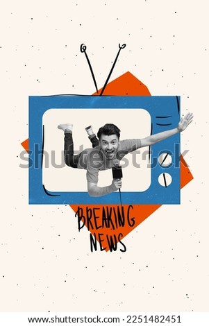 Painted image creative collage of television set live streaming reporter guy speak on air breaking politician news