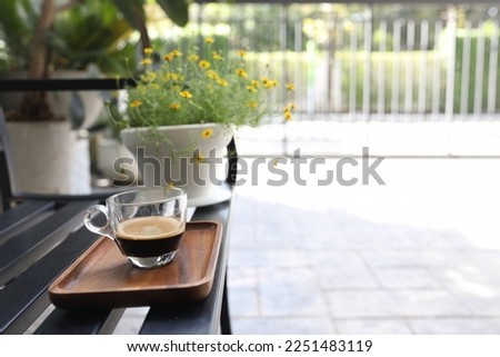 Coffee glass cup and Yellow Daisy flower pot on black bench