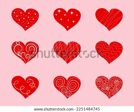 Hand drawn collection of cute textured hearts. Isolated design element on  pink background. For the design of  festive cover, pattern, postcard, post, congratulation.