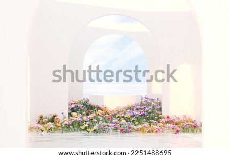 Spring floral installation scene with geometric arch form. 3d rendering.