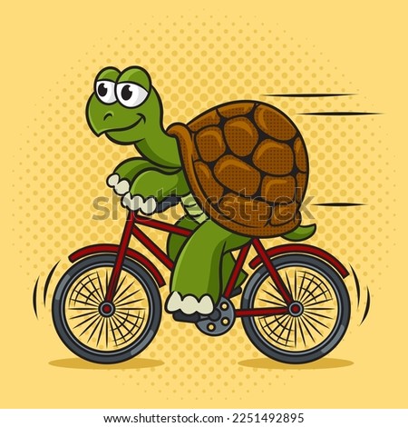 cartoon turtle riding bike pinup pop art retro vector illustration. Comic book style imitation.