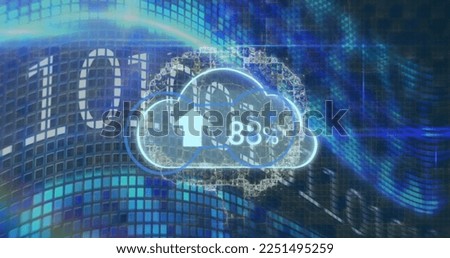 Composition of cloud with arrow and number data processing. Global technology, computing and digital interface concept digitally generated image.