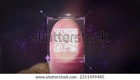 Composition of data processing with qr code and finger on black background. Global technology, computing and digital interface concept digitally generated image.