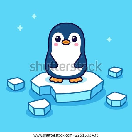 Cute cartoon sad lonely penguin on melting ice. Climate change and global warming