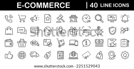 E-Commerce set of web icons in line style. Online shopping icons for web and mobile app. Business, mobile shop, digital marketing, bank card, gifts, sale, delivery. Vector illustration Royalty-Free Stock Photo #2251529043