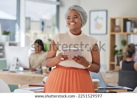Tablet, work and happy smile of a Muslim black woman in a digital marketing office. International, global and diversity of company with a web market tech worker from Senegal with Islamic hair wrap Royalty-Free Stock Photo #2251529597