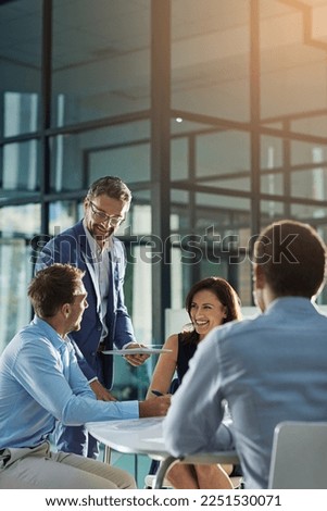 Leadership, manager and mature man with team meeting, planning and happy management in corporate business. Success, teamwork and communication of people, employees or staff executive in collaboration