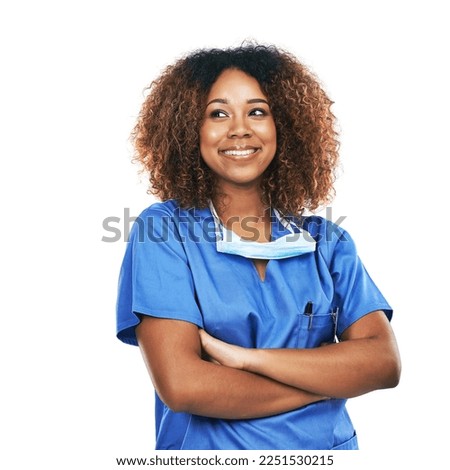 Nurse, healthcare and black woman with arms crossed in studio isolated on a white background. Medical, thinking and confident, proud and happy female physician with ideas, thoughts or contemplating.