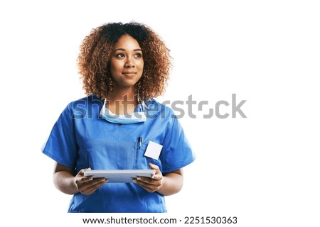 Nurse, healthcare and black woman with tablet in studio isolated on a white background mock up. Technology, wellness and thinking female medical physician with touchscreen for research or telehealth.