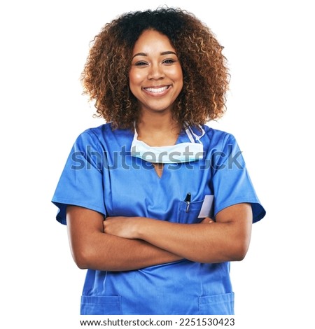 Portrait, nurse and black woman with arms crossed in studio isolated on white background. Face, healthcare or confident, proud and happy female medical physician from Nigeria ready for wellness goals