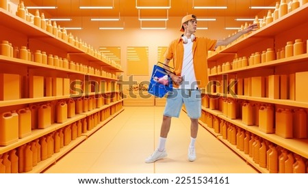 Young student in casual clothes holding cartboard box went out window shopping. Black Friday sales. 3D model of supermarket. Concept of shopping, hypermarket, purchasing. Copy space for ad Royalty-Free Stock Photo #2251534161