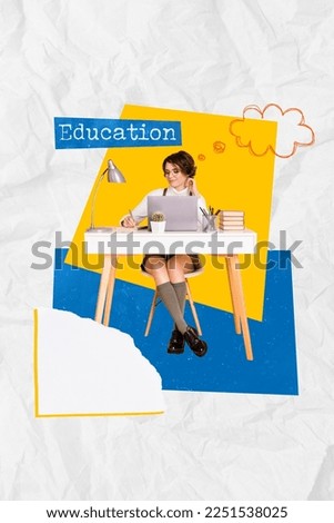 Photo collage of young schoolgirl wear uniform sitting desk write notes dreamy think remote education concept isolated on paper white background