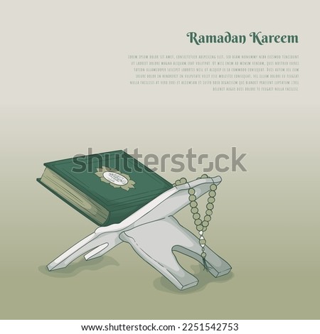 Ramadan kareem or eid template with Al-qur'an and prayer beads on folding table in cartoon design Royalty-Free Stock Photo #2251542753