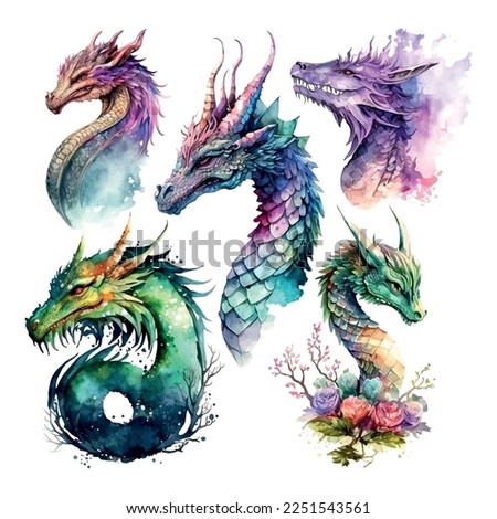 Colorful dragon set with wings isolated on white background. Watercolor. Illustration. Template. Sketch. Handmade Clip art. Royalty-Free Stock Photo #2251543561