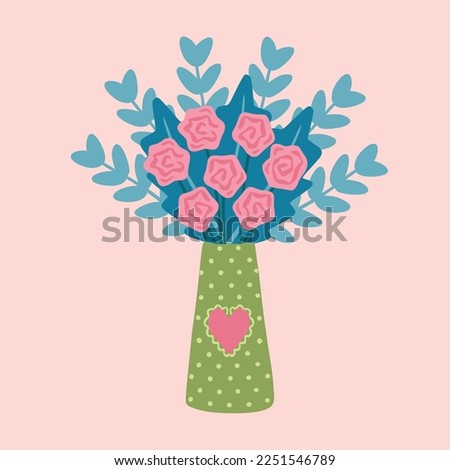Flat vase with flowers. Bright summer blooming flowers in vases cartoon vector illustration. Design element for greeting card, invitation, print, sticker. Illustration for valentine's and birthday.