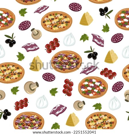 Pattern with pizzas and groceries.Vector pattern with food and pizza on a transparent background.
