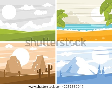 Four images of sunrise or sunset on a background of nature, beach, desert and mountains. Vector graphics
