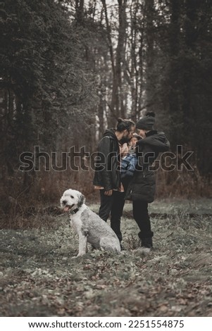 New born family photo shoot in the fall by the woods with family English sheep dog