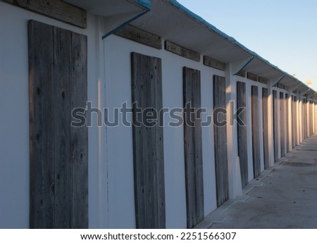 Italy, Emilia Romagna: Closed cabins in winter on the beach of Rimini.