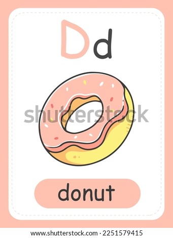 Alphabet card for children with the letter D and a donut. Educational card for kids. The word donut, the English alphabet. Vector illustration.
