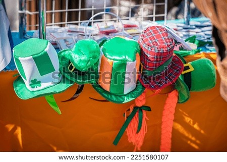 Assortment of St Patricks Day Hats in park shop with accessories and souvenirs