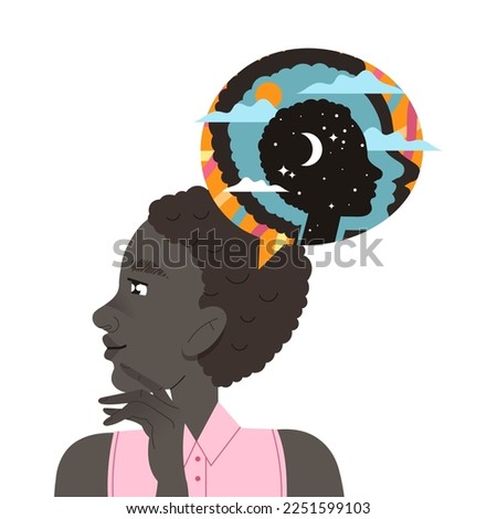 African American Woman Character with Abstract Type of Thinking and Mindset Model in Her Head Vector Illustration