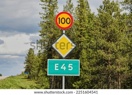 road sign of the E45 highway and speed limit in Sweden, crossing the country from north to south on the way to the north cape