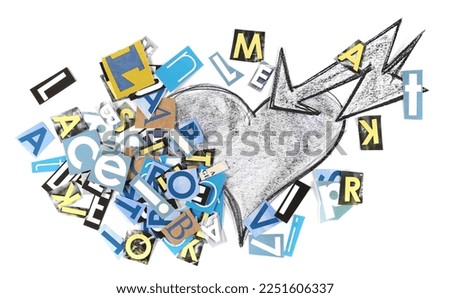 Collage of letters newspapers with hand draw heart isolated on white background and texture, top view