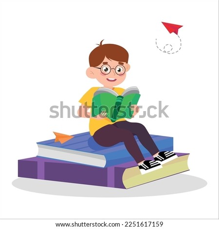 Vector illustration of a boy who likes to read. A cartoon scene of a smiling boy in glasses holding an open book in his hands and sitting on a pile of books with paper airplanes.