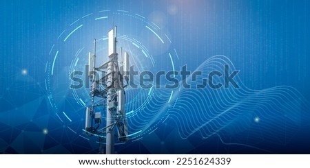Telecommunication tower with 4G, 5G transmitters. Cellular base station with transmitting antennas on a telecommunication tower on a technological background with abstract waves Royalty-Free Stock Photo #2251624339