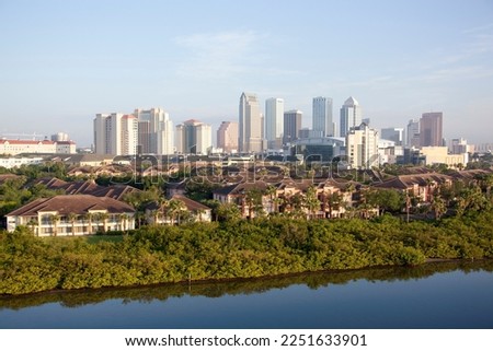 The morning view of Harbour Island residential houses and Tampa downtown skyline in a background (Florida).