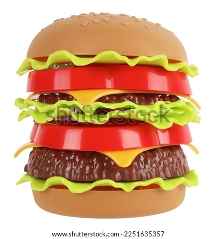 Plastic hamburger burger isolated on white background. Artifical junk food concept