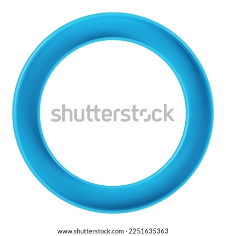 Blue plastic circle round frame for picture blank isolated on white background. Trendy bright vivid pastel color frames concepts