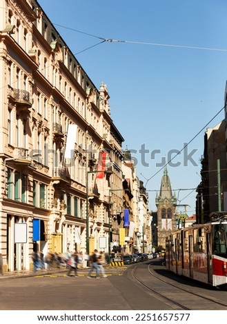 Street view of modern Prague on sunny autumn day, Czech Republic.