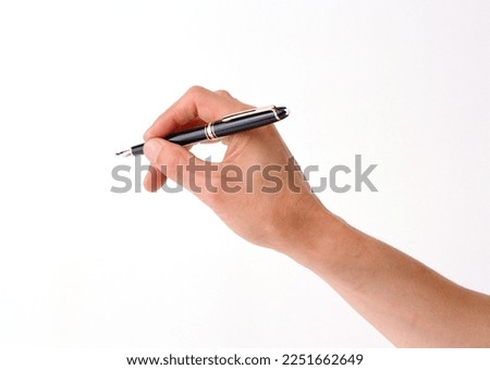 gesture holding pen, hand palm isolated on white background