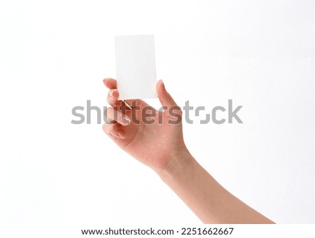 gesture holding business card, palm hand isolated on white background