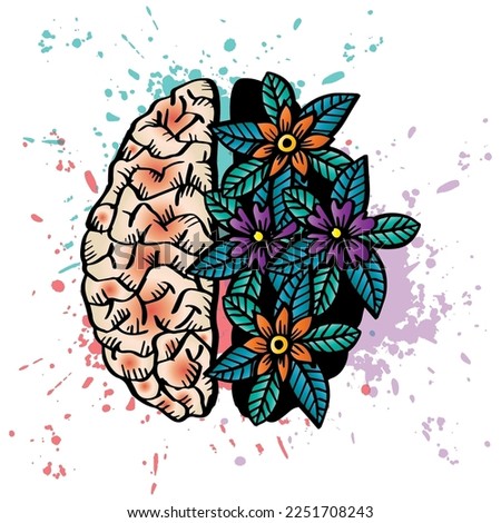 Doodle human brain with floral decoration.
