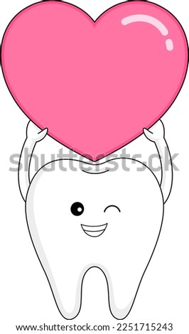 Cute cartoon tooth character hilding a heart. Dental care concept. Happy Valentines day. Vector illustration.