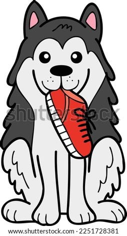 Hand Drawn husky Dog holding shoes illustration in doodle style isolated on background