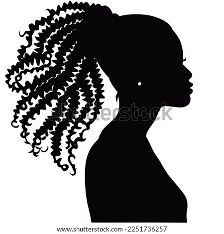 Black woman with beautifully curled hair that is hand-drawn. Girl with long lashes and finely sculpted eyebrows. Vector typeface for a business visit card idea.  ideal salon appearance.