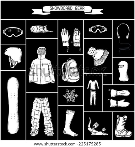 Vector set of snowboard clothing and kit silhouettes. Black and white illustration. Elements for your extreme sport design. 